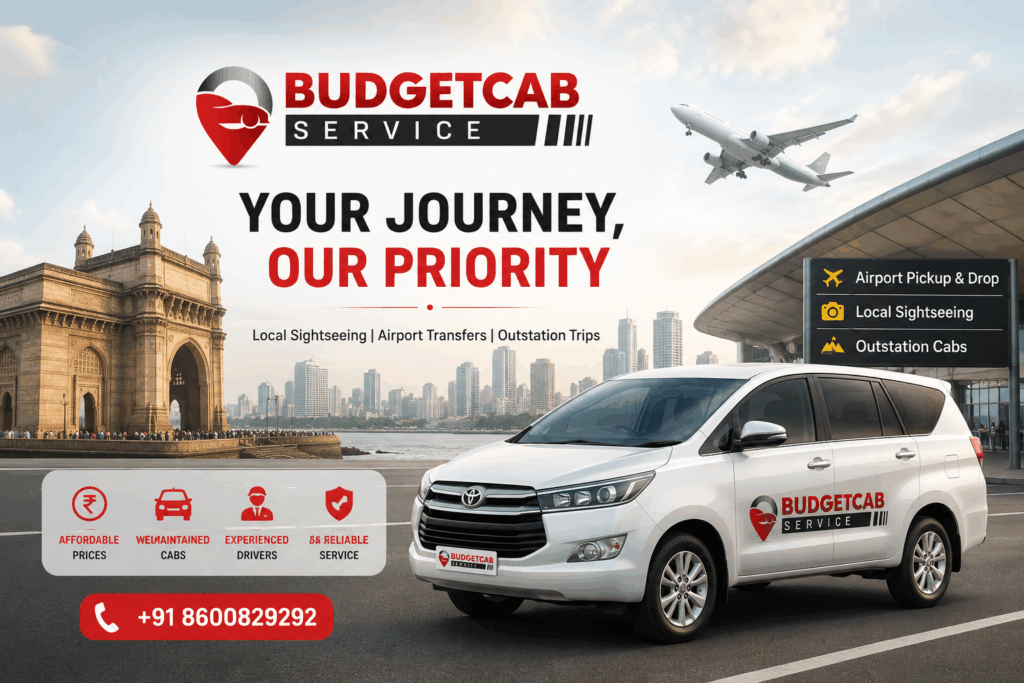 Budget Cab Service Mumbai cab booking guide with a branded white taxi near Gateway of India, highlighting local, airport and outstation travel.