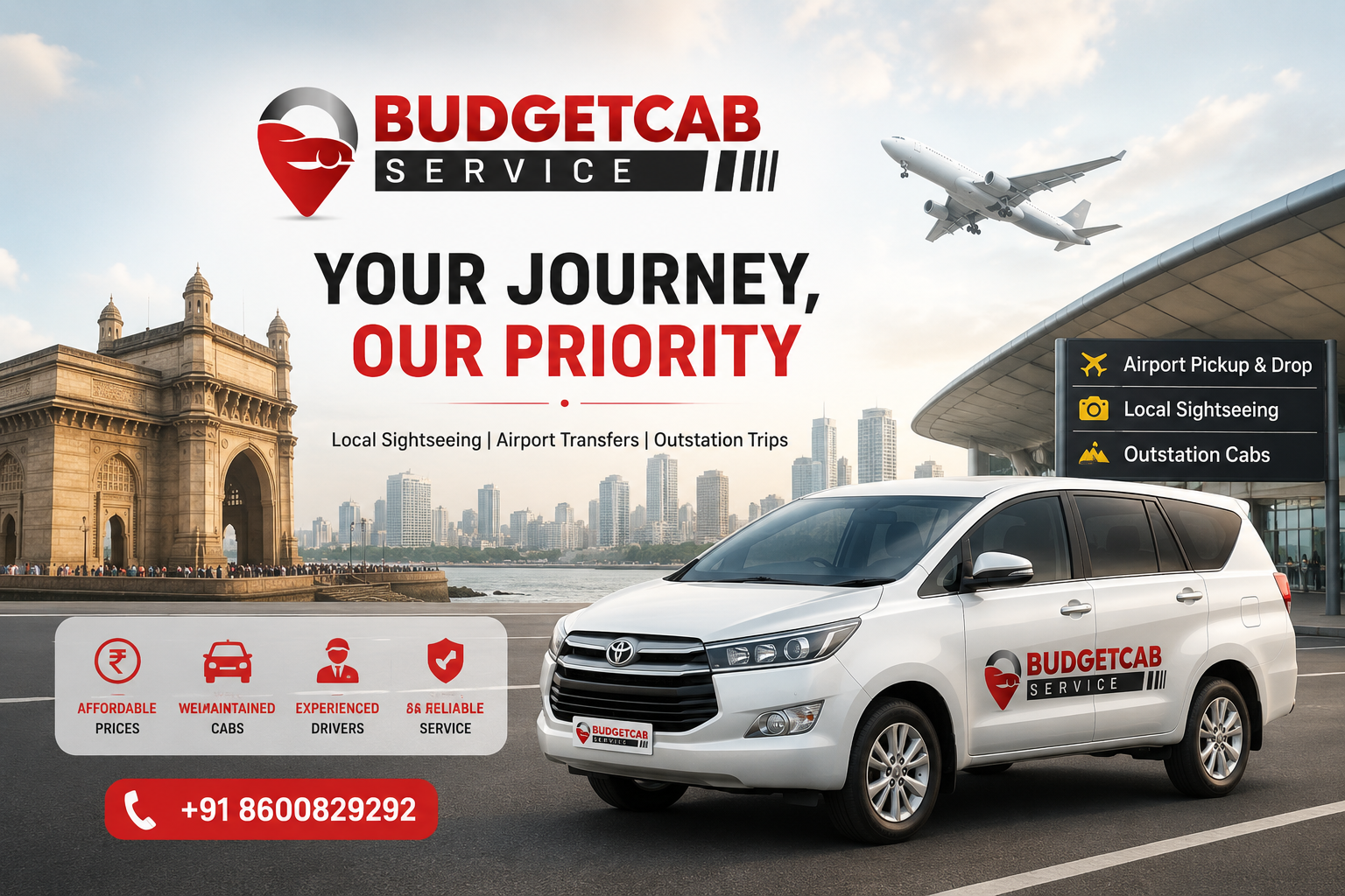 Budget Cab Service Mumbai cab booking guide with a branded white taxi near Gateway of India, highlighting local, airport and outstation travel.