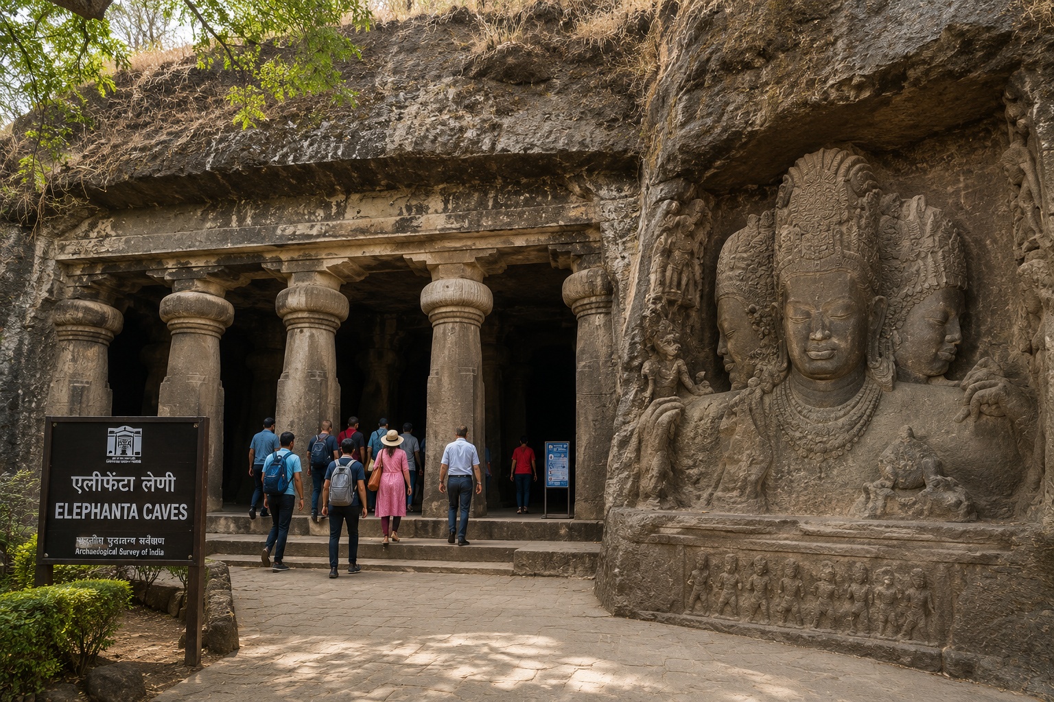 Elephanta Caves entrance and ancient sculptures near Mumbai