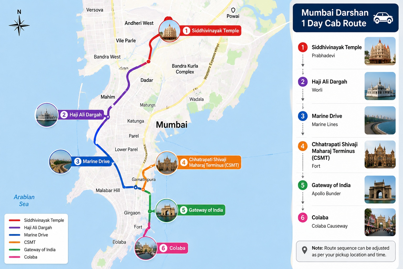 Mumbai Darshan One Day Tour route from Siddhivinayak to Colaba