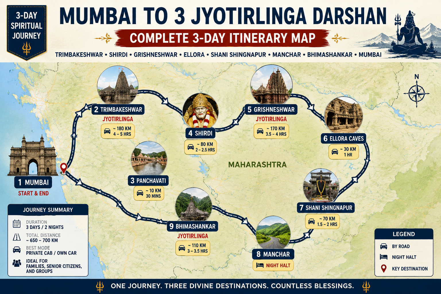 Mumbai to 3 Jyotirlinga Darshan route map