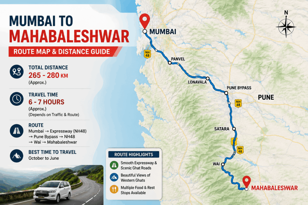 Mumbai to Mahabaleshwar route map showing road distance and travel route