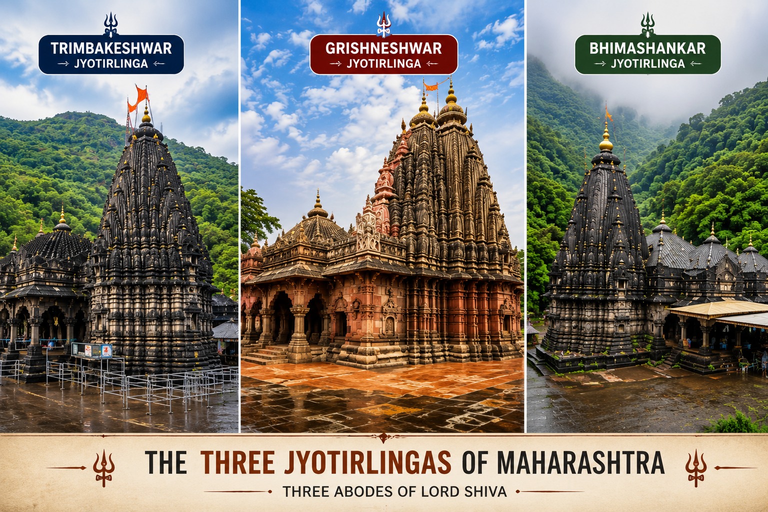 Three Jyotirlingas in Maharashtra Trimbakeshwar Grishneshwar Bhimashankar