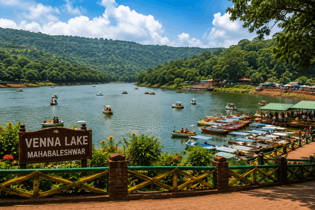 Venna Lake in Mahabaleshwar surrounded by green hills