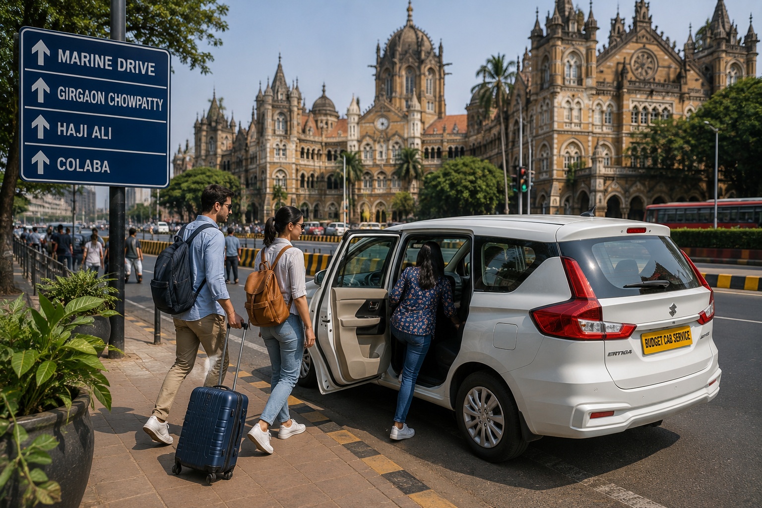 Tourists getting into a private cab between Mumbai sightseeing attractions