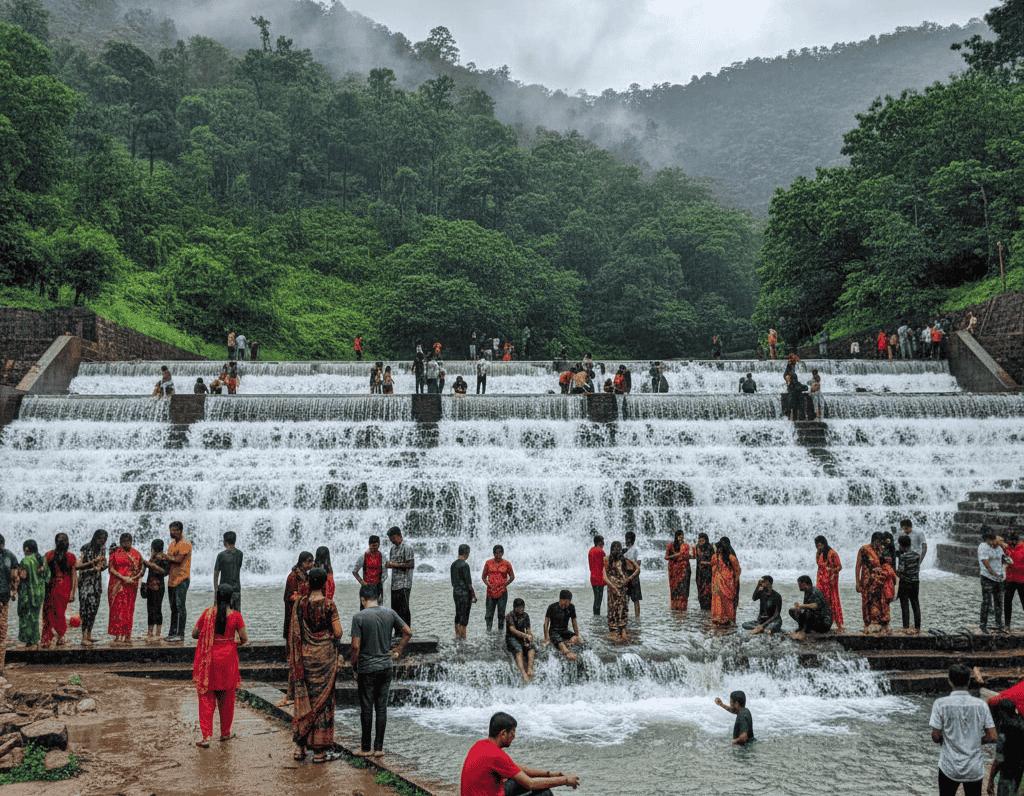 Bhushi Dam waterfall and flowing water in Lonavala