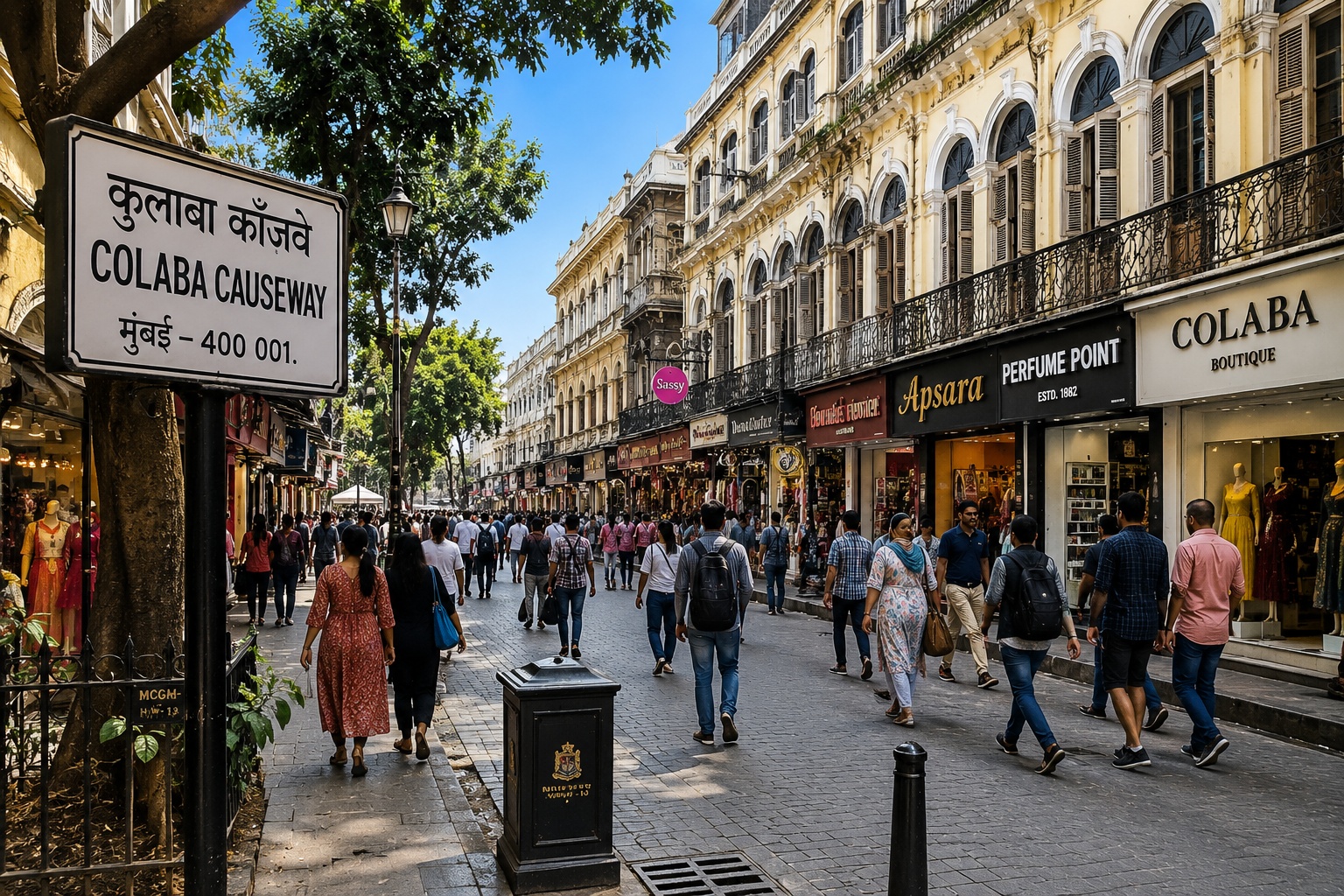 Colaba Causeway Mumbai with heritage buildings, shops and pedestrians