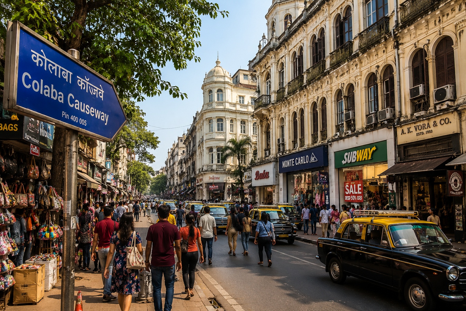 Colaba Causeway Mumbai street with shops, tourists and heritage buildings