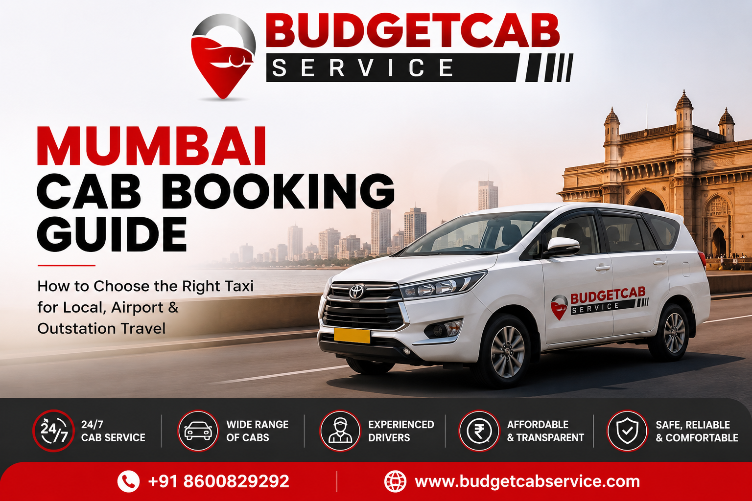 Budget Cab Service Mumbai cab booking guide with a branded white taxi near Gateway of India, highlighting local, airport and outstation travel.