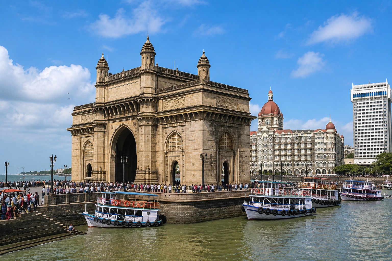 Gateway of India Mumbai with tourists and waterfront during daytime