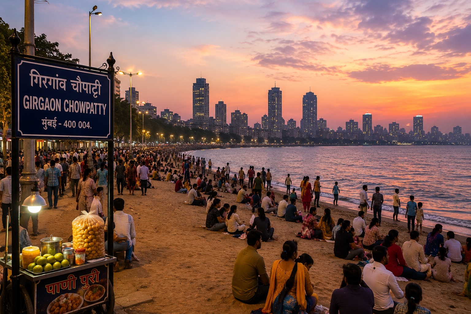 Girgaon Chowpatty Mumbai beach with visitors and city skyline