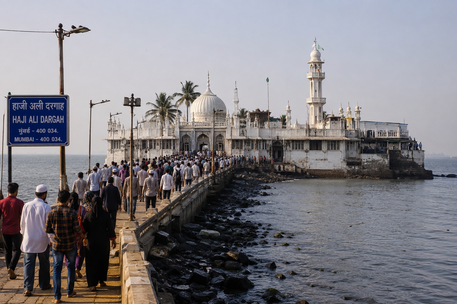 Haji Ali Dargah Mumbai viewed from the approach with visitors