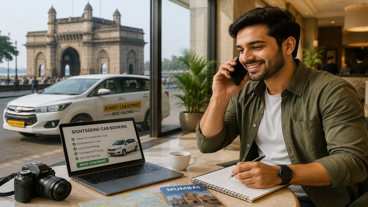 Traveller confirming a private cab booking for Mumbai sightseeing on phone