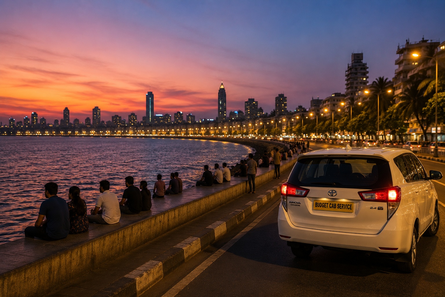 Marine Drive Mumbai at sunset with city lights and private cab