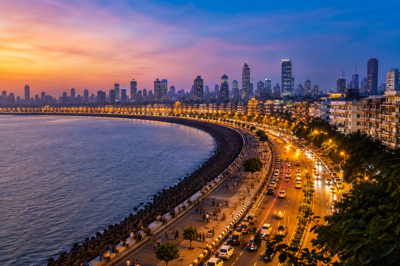 Marine Drive Mumbai Queen's Necklace scenic waterfront view at dusk