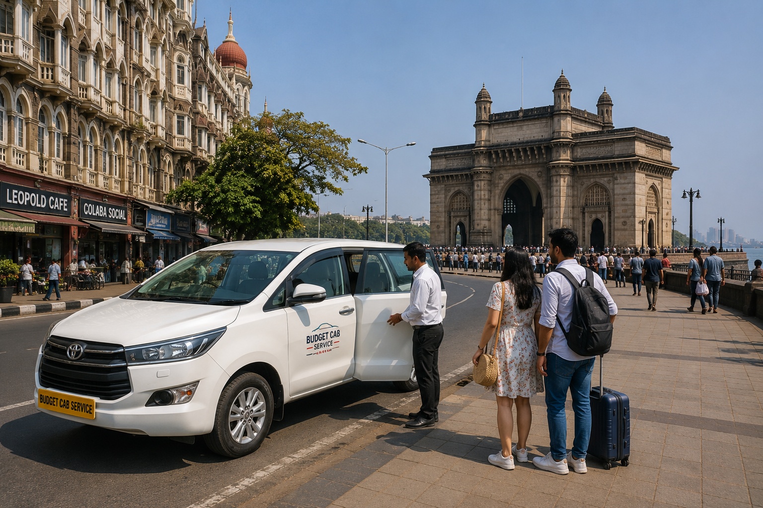 Private cab arriving in South Mumbai near Gateway of India and Colaba