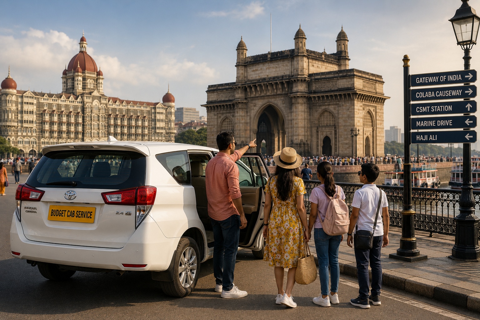 Family exploring Mumbai landmarks with a private cab