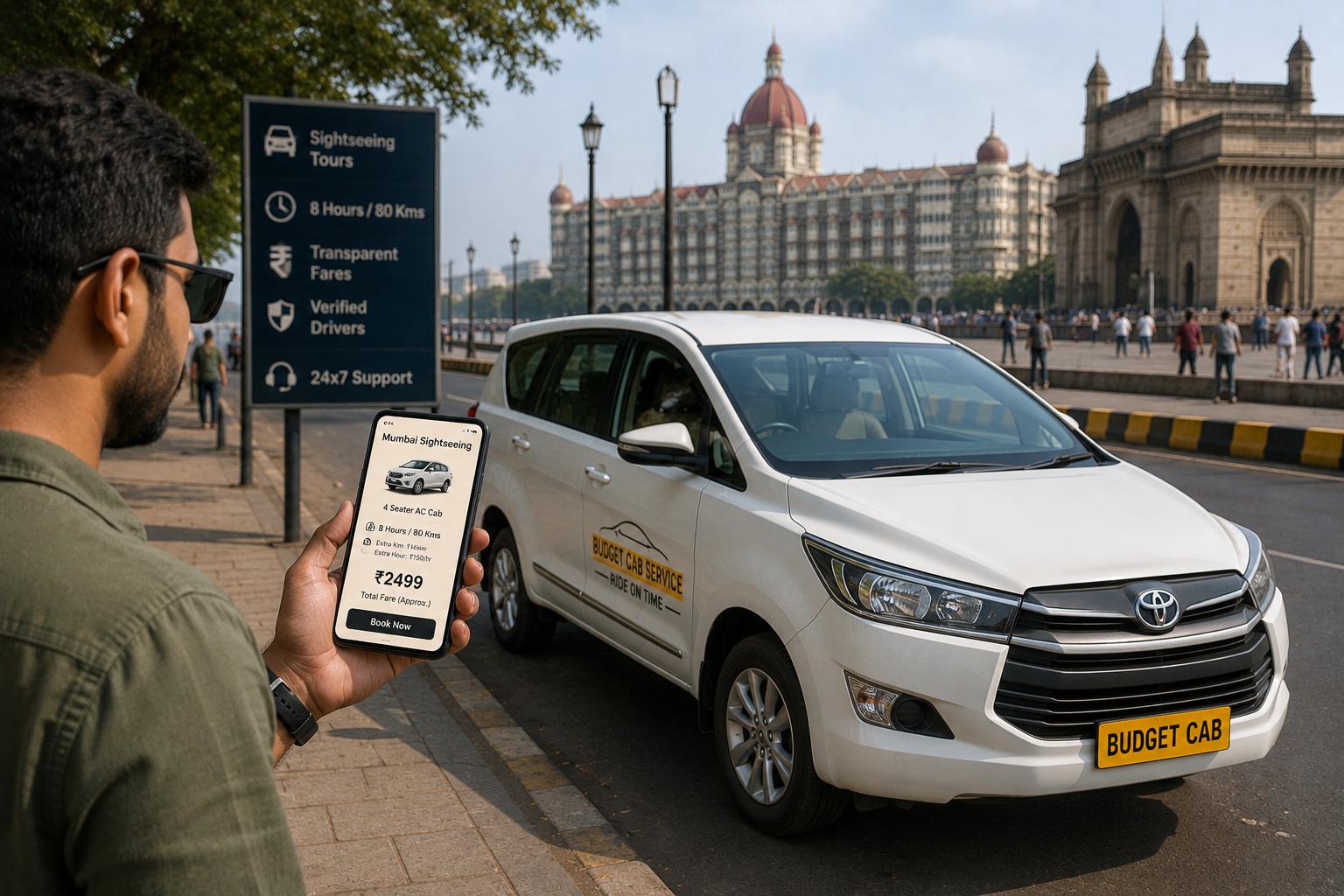 Traveller checking Mumbai sightseeing cab fare and booking on smartphone