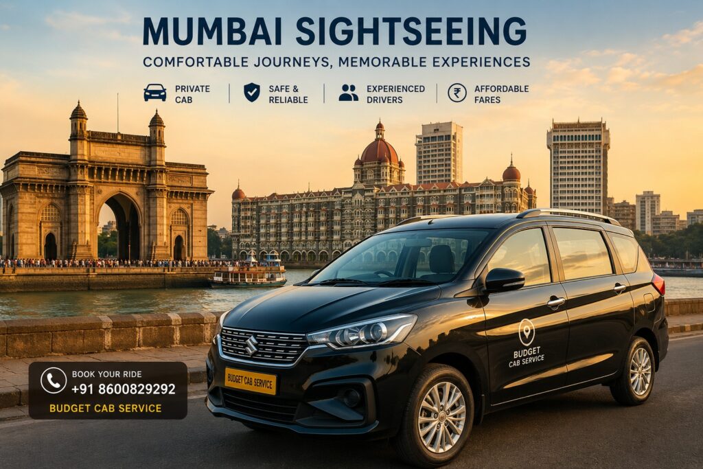 Cab for Mumbai sightseeing with Gateway of India and Mumbai skyline