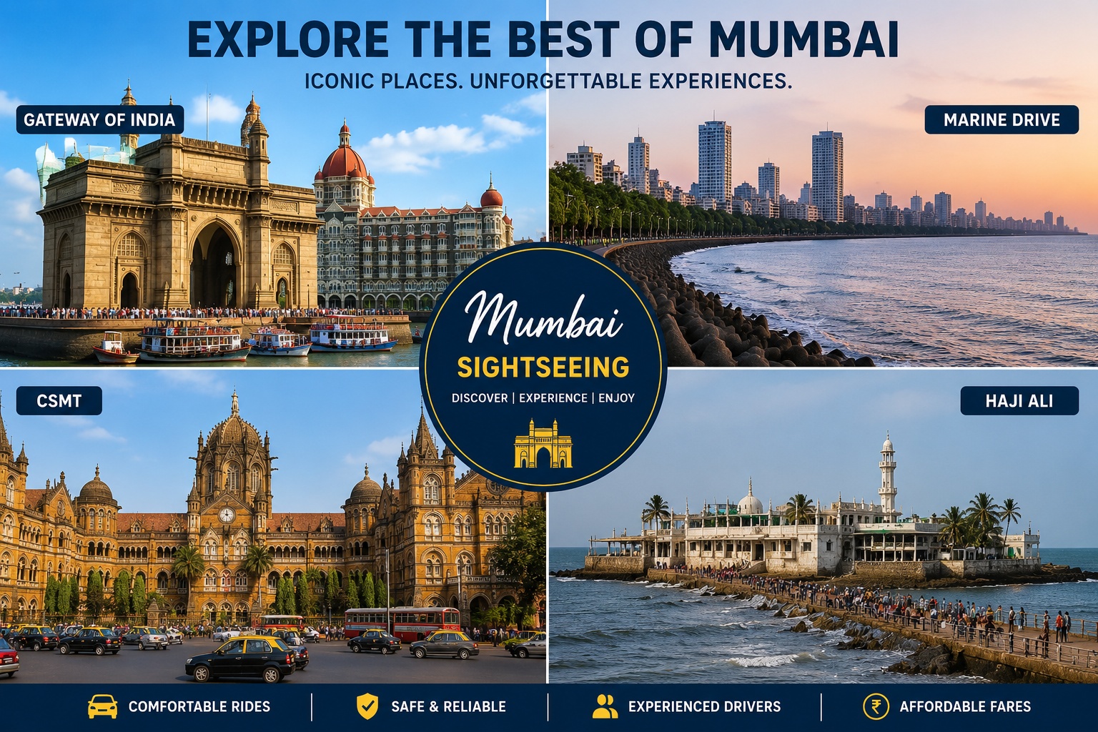 Mumbai sightseeing places including Gateway of India, Marine Drive, CSMT and Haji Ali