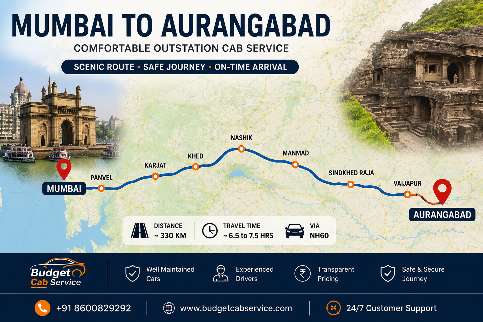 Mumbai to Aurangabad cab route map showing outstation taxi travel from Mumbai to Aurangabad