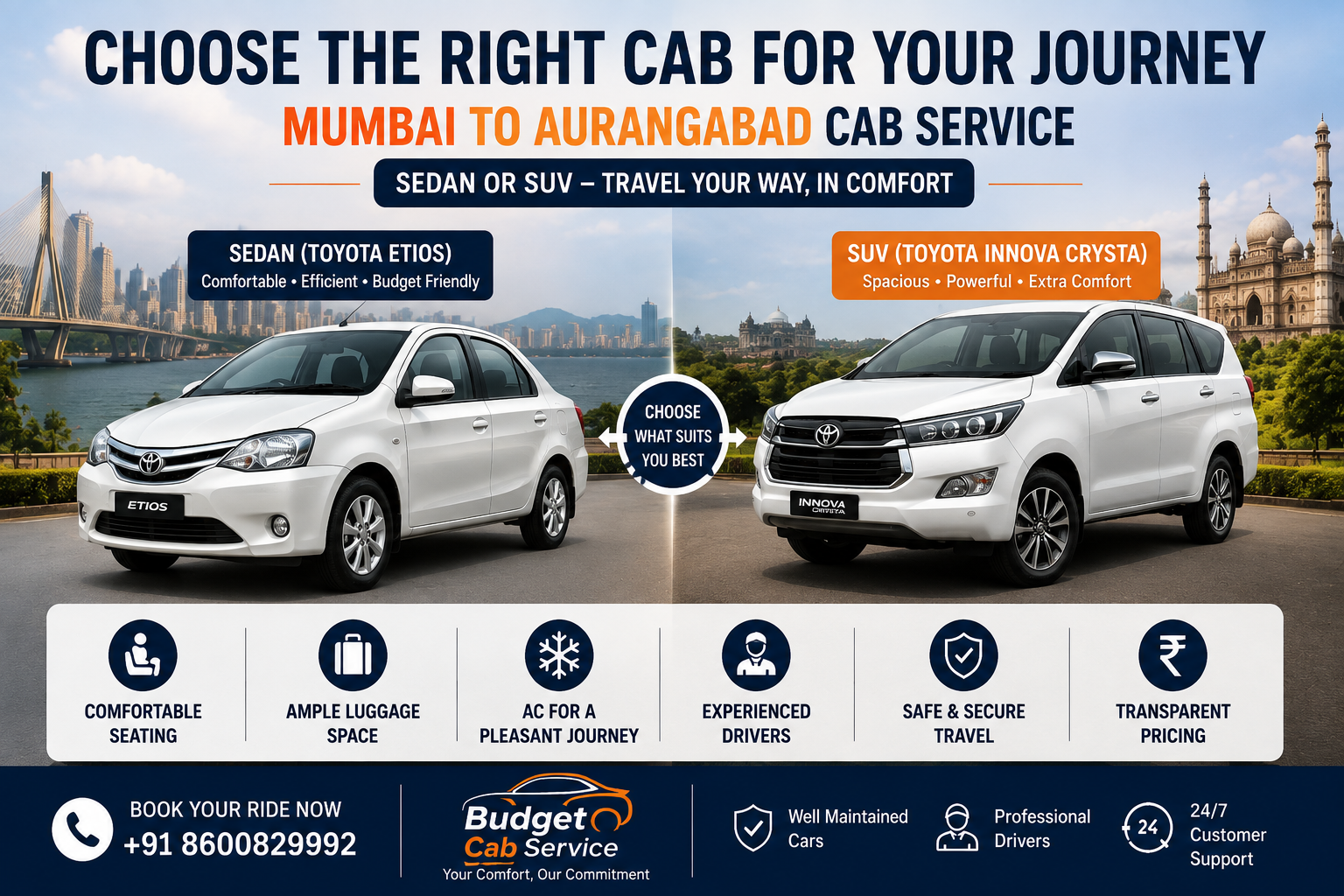 Mumbai to Aurangabad cab service with sedan and SUV taxi options for comfortable outstation travel