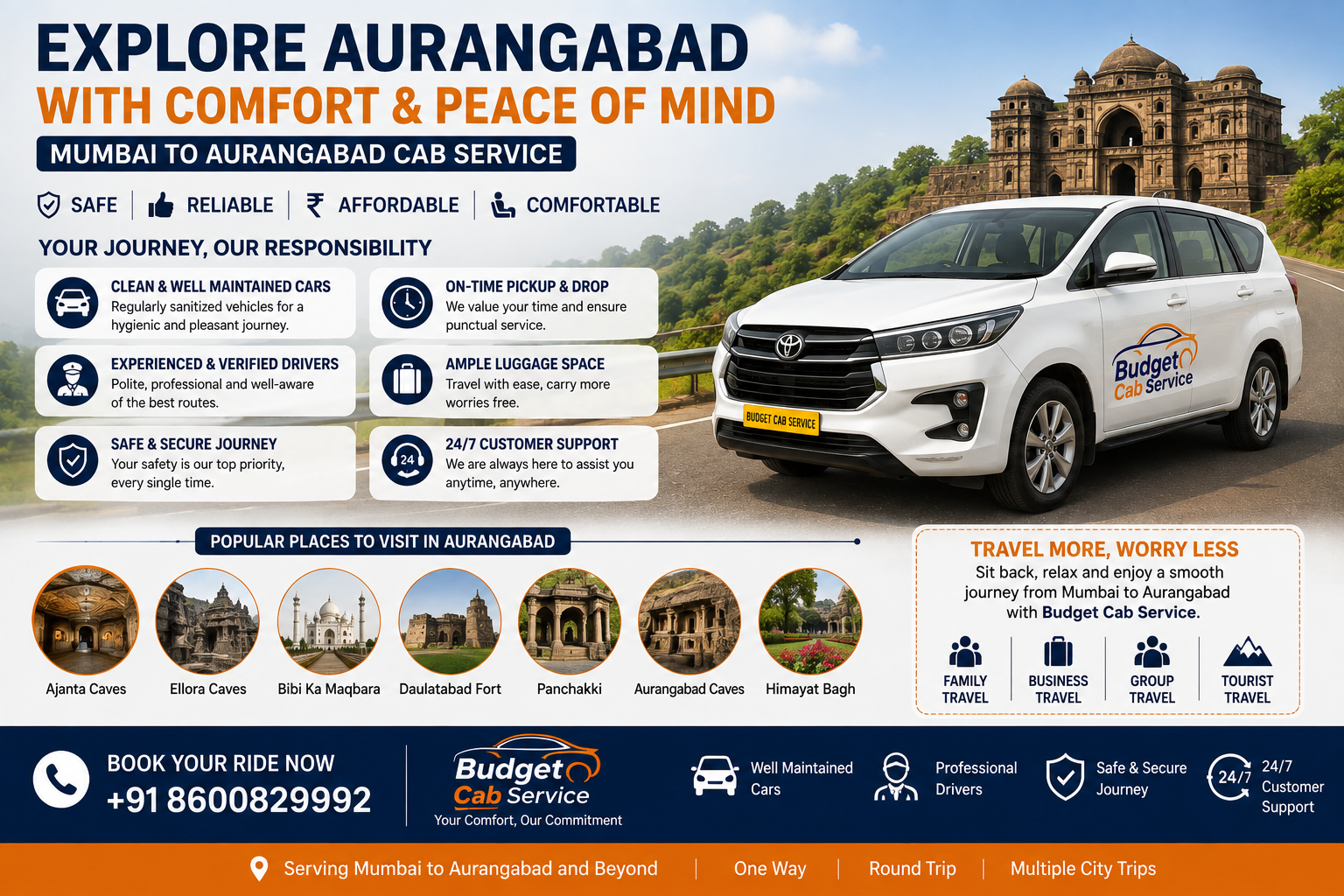 Mumbai to Aurangabad cab service for comfortable travel and sightseeing at Ajanta Ellora Caves and Aurangabad attractions