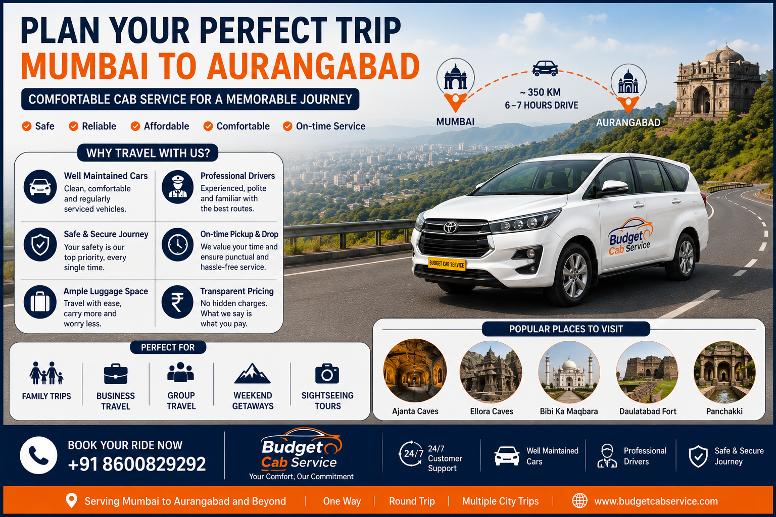Mumbai to Aurangabad cab for comfortable outstation travel and sightseeing