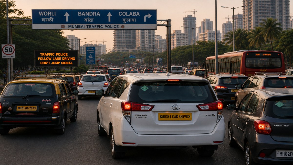 Mumbai traffic with private cab on busy urban road