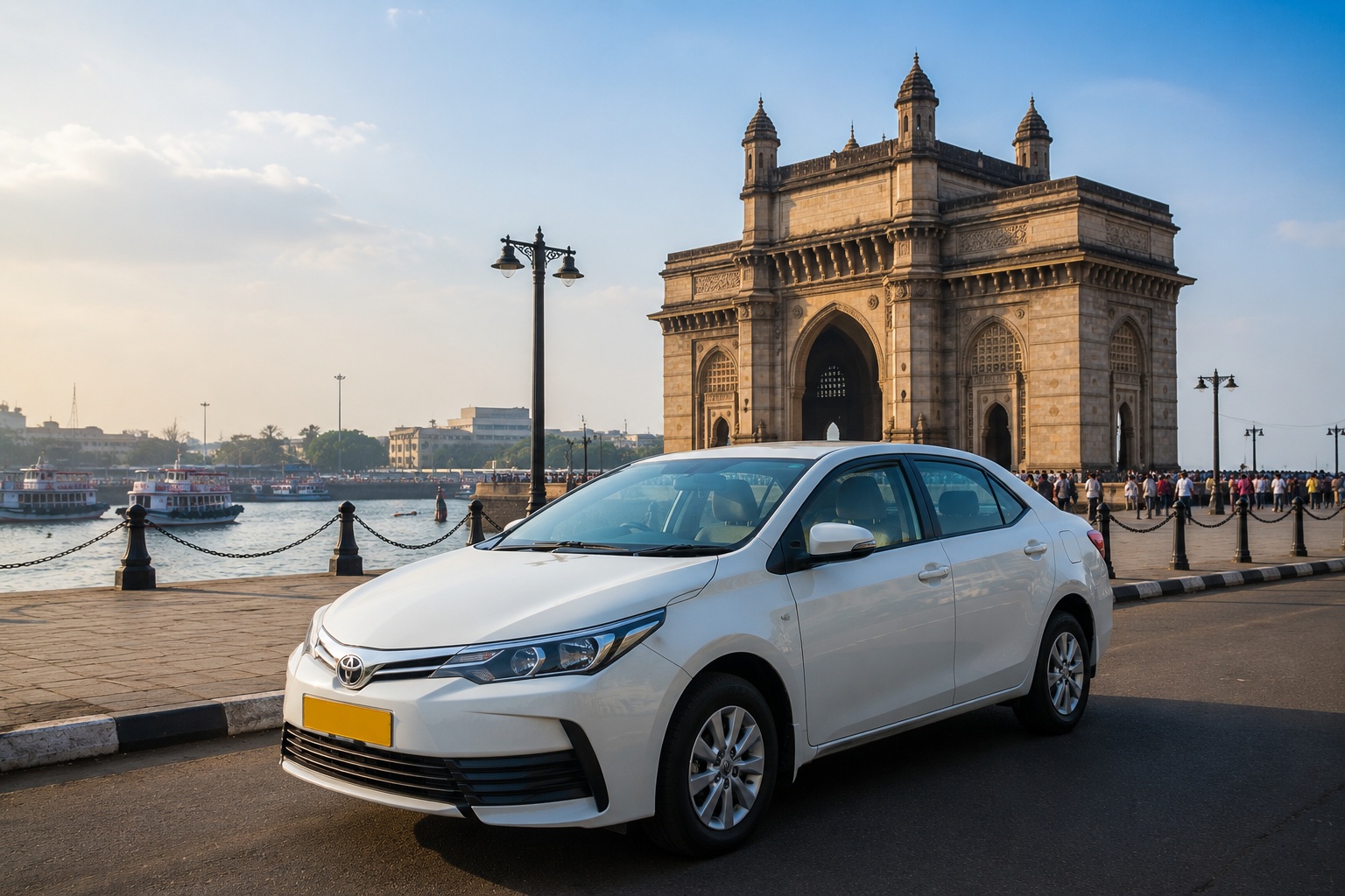 Clean white sedan parked near Gateway of India Mumbai for sightseeing