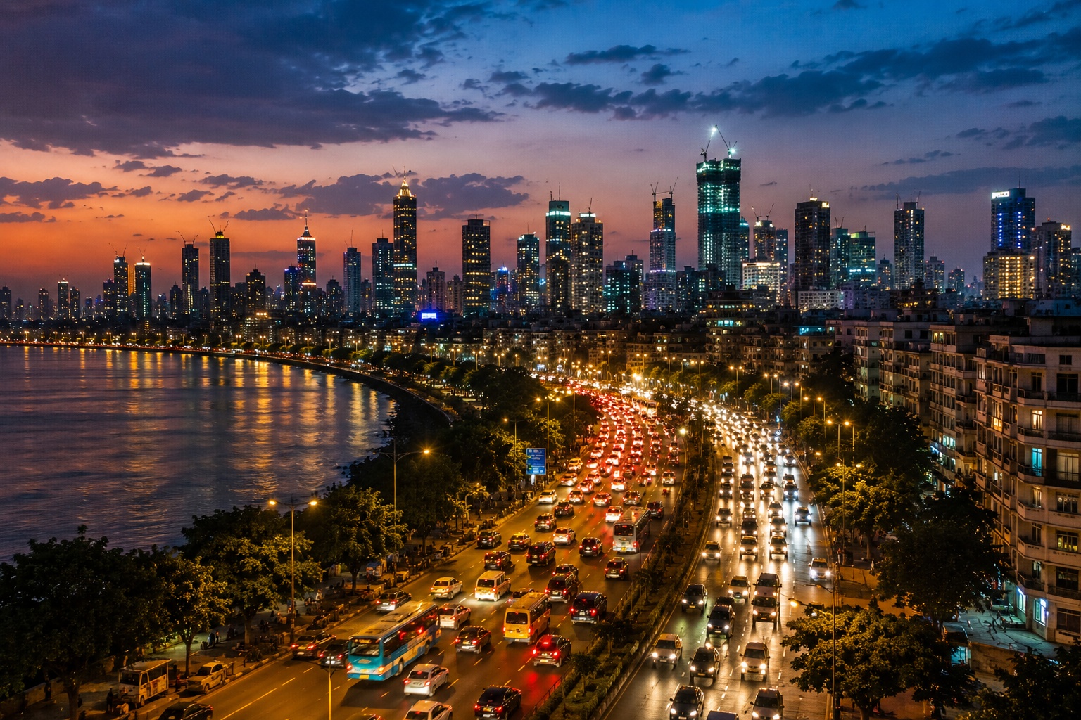 Mumbai skyline with evening traffic and city lights