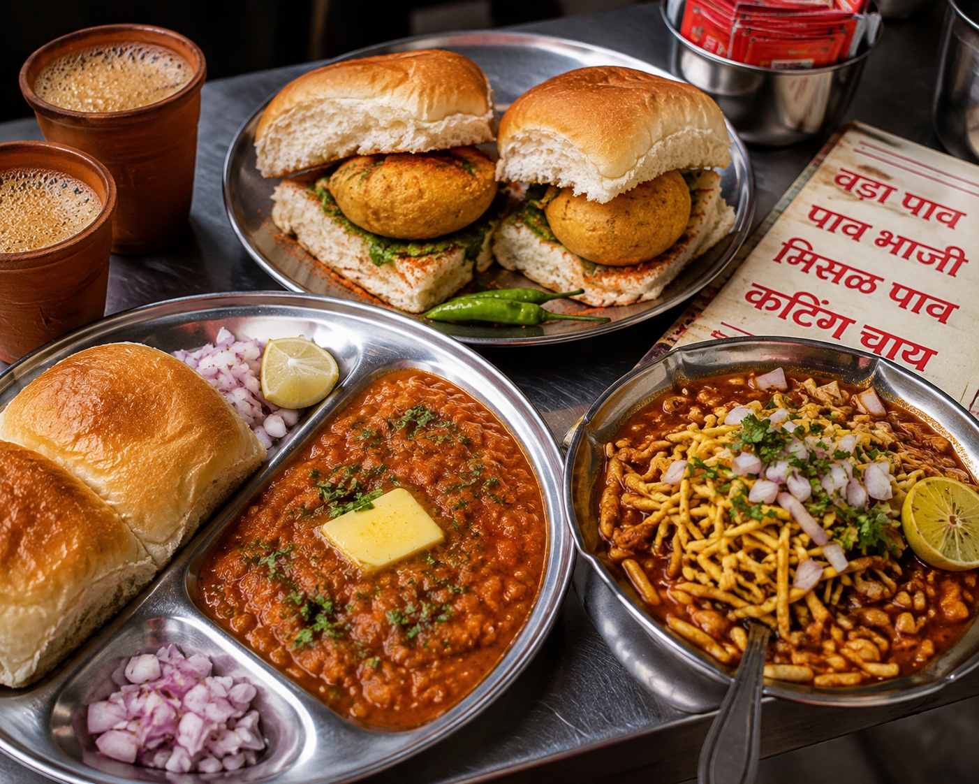 Mumbai street food with vada pav, pav bhaji and misal