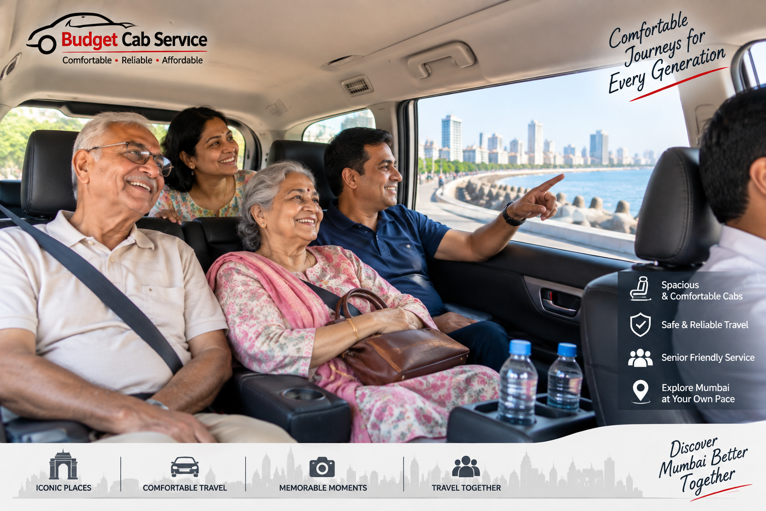 Senior citizens enjoying comfortable Mumbai sightseeing by cab