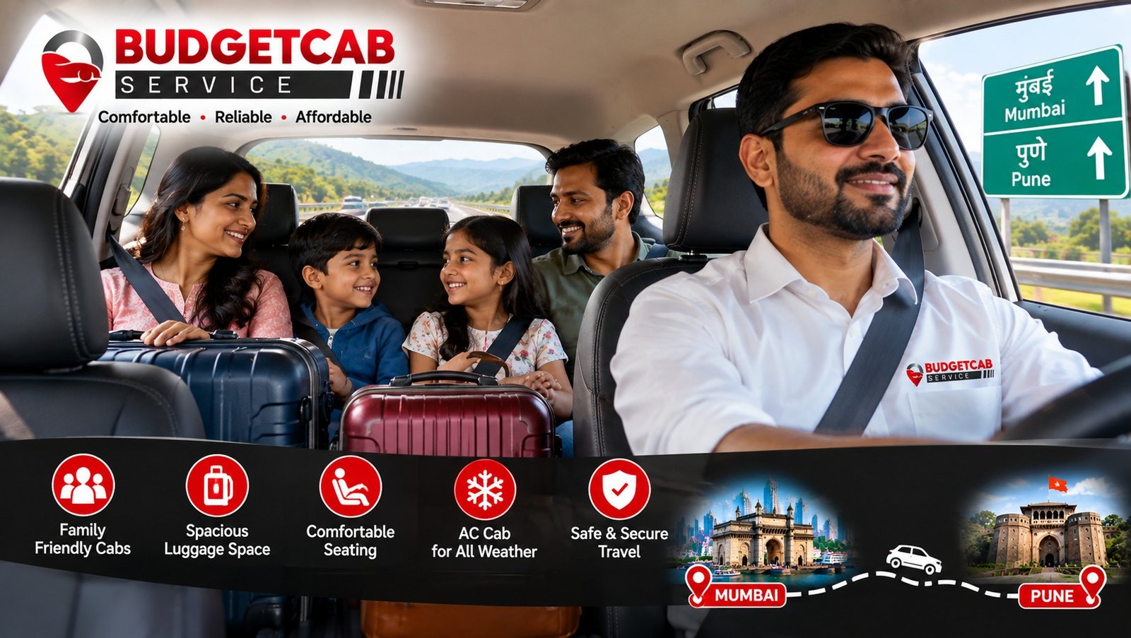 Family travelling from Mumbai to Pune by cab with luggage