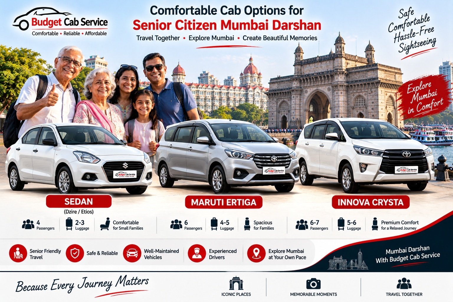 Cab options for senior citizen Mumbai Darshan with sedan Ertiga and Innova Crysta