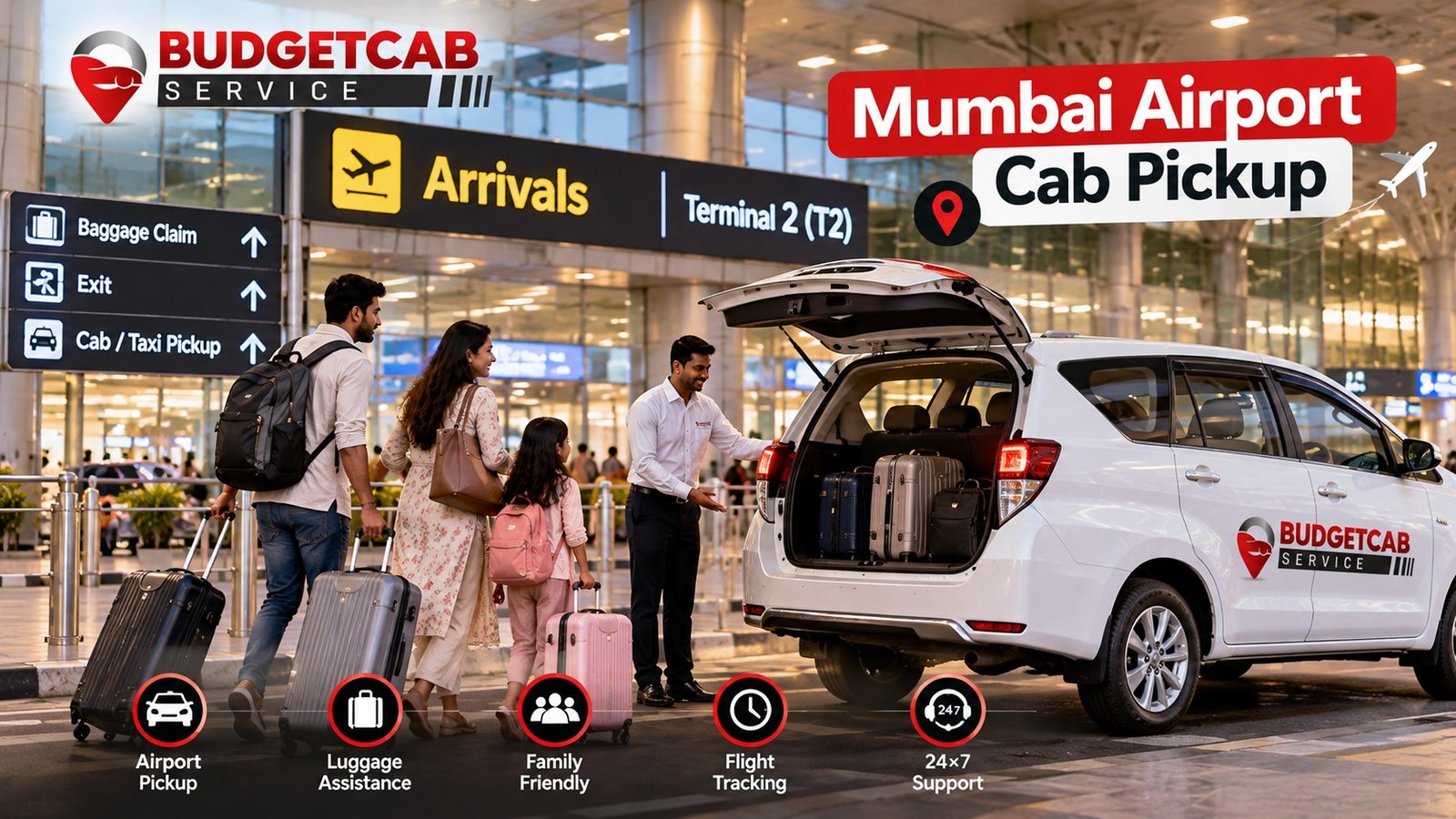 Mumbai airport cab pickup with passenger luggage