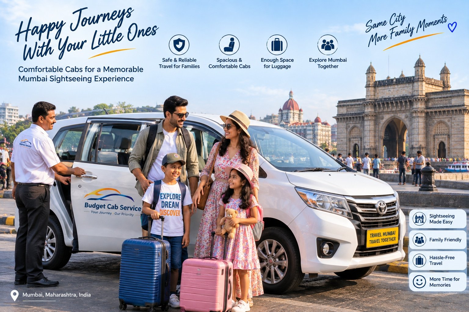 Family travelling in cab for Mumbai sightseeing