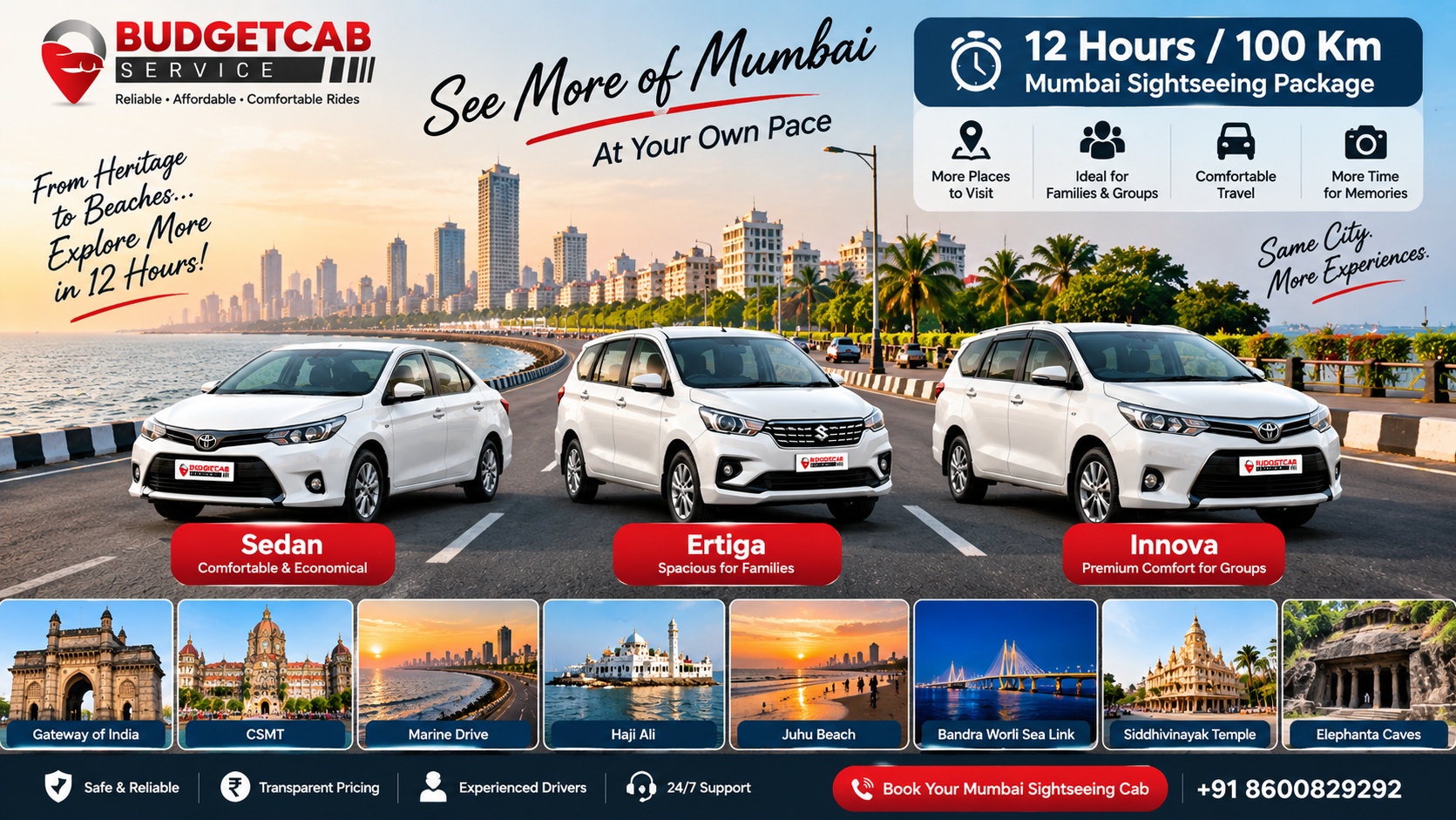 Mumbai sightseeing cab for 12 hours and 100 km