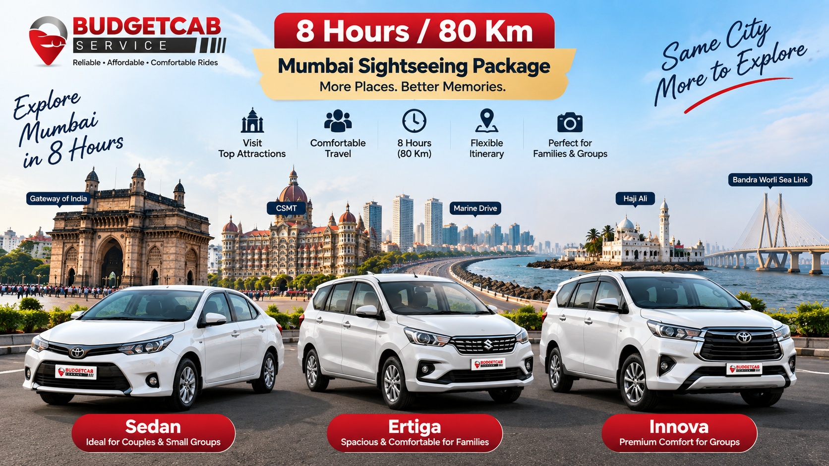 Mumbai sightseeing cab for 8 hours and 80 km with Sedan Ertiga and Innova