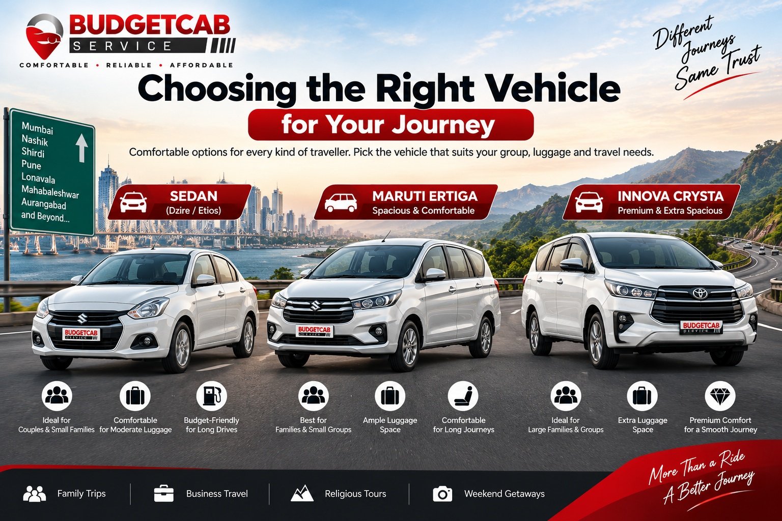 sedan Ertiga and Innova Crysta for Mumbai outstation travel