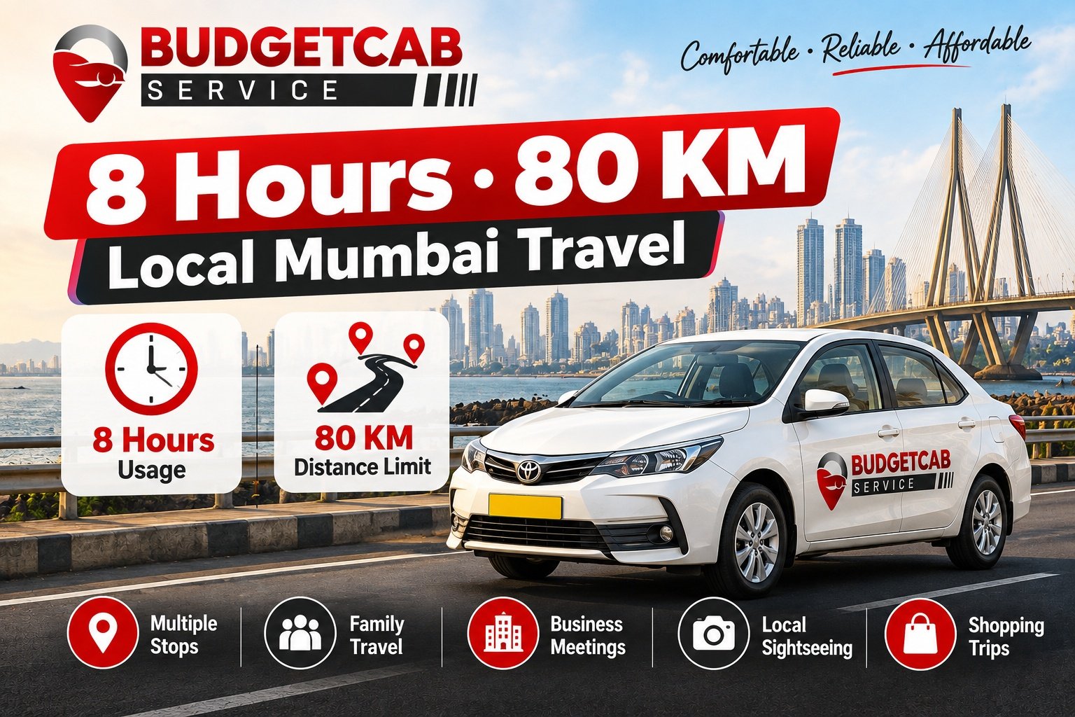 8 hours and 80 km local Mumbai taxi package with Budget Cab Service