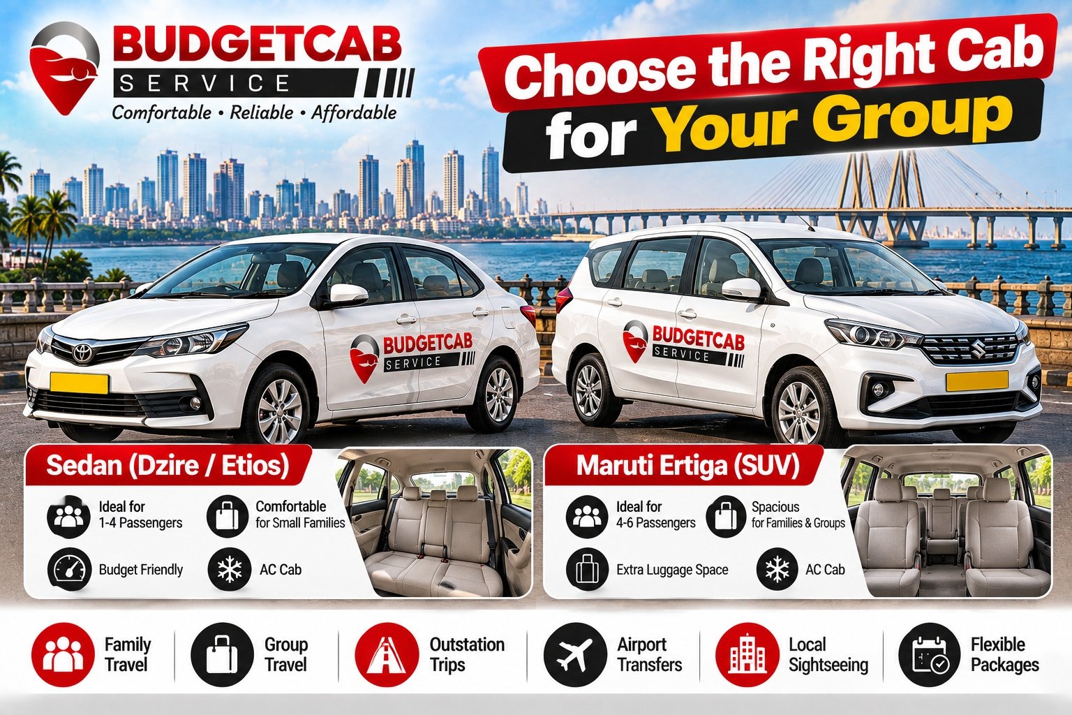 Budget Cab Service sedan and Maruti Ertiga for family and group travel in Mumbai