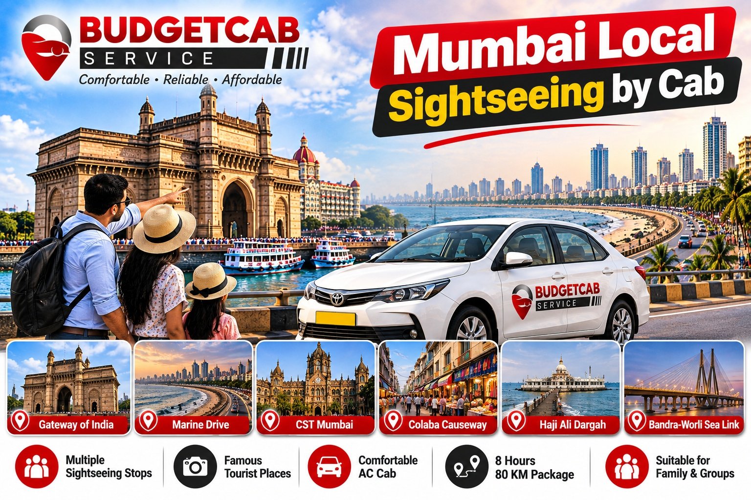 Mumbai local sightseeing by cab with Gateway of India and Marine Drive