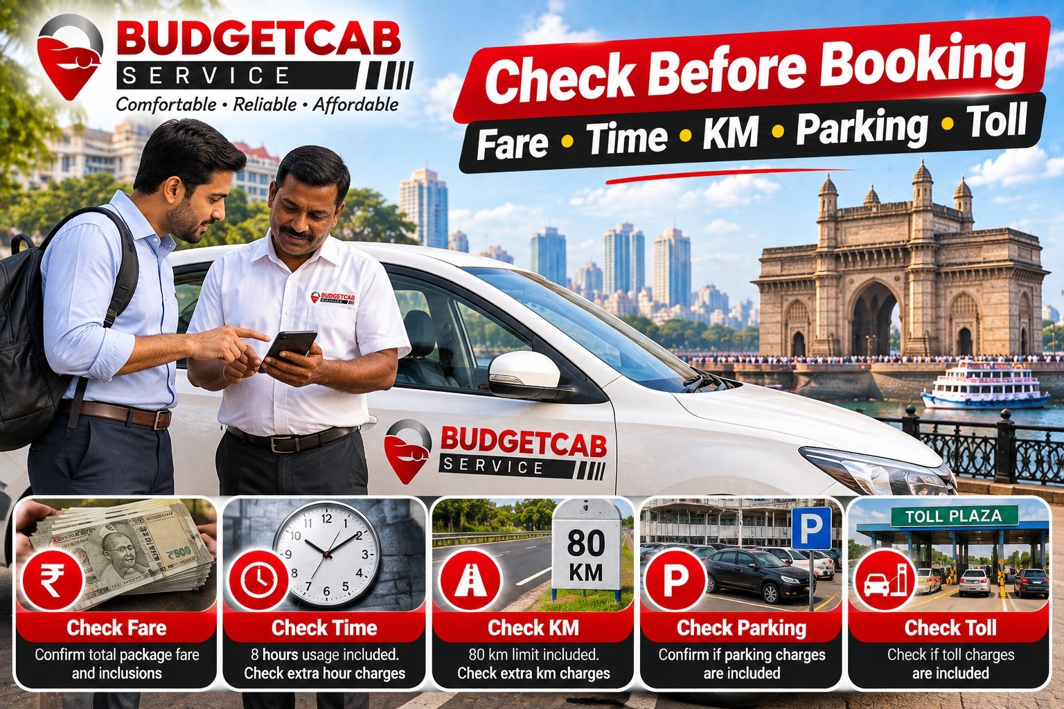 Mumbai local taxi fare booking checklist for fare, time, kilometres, parking and toll charges