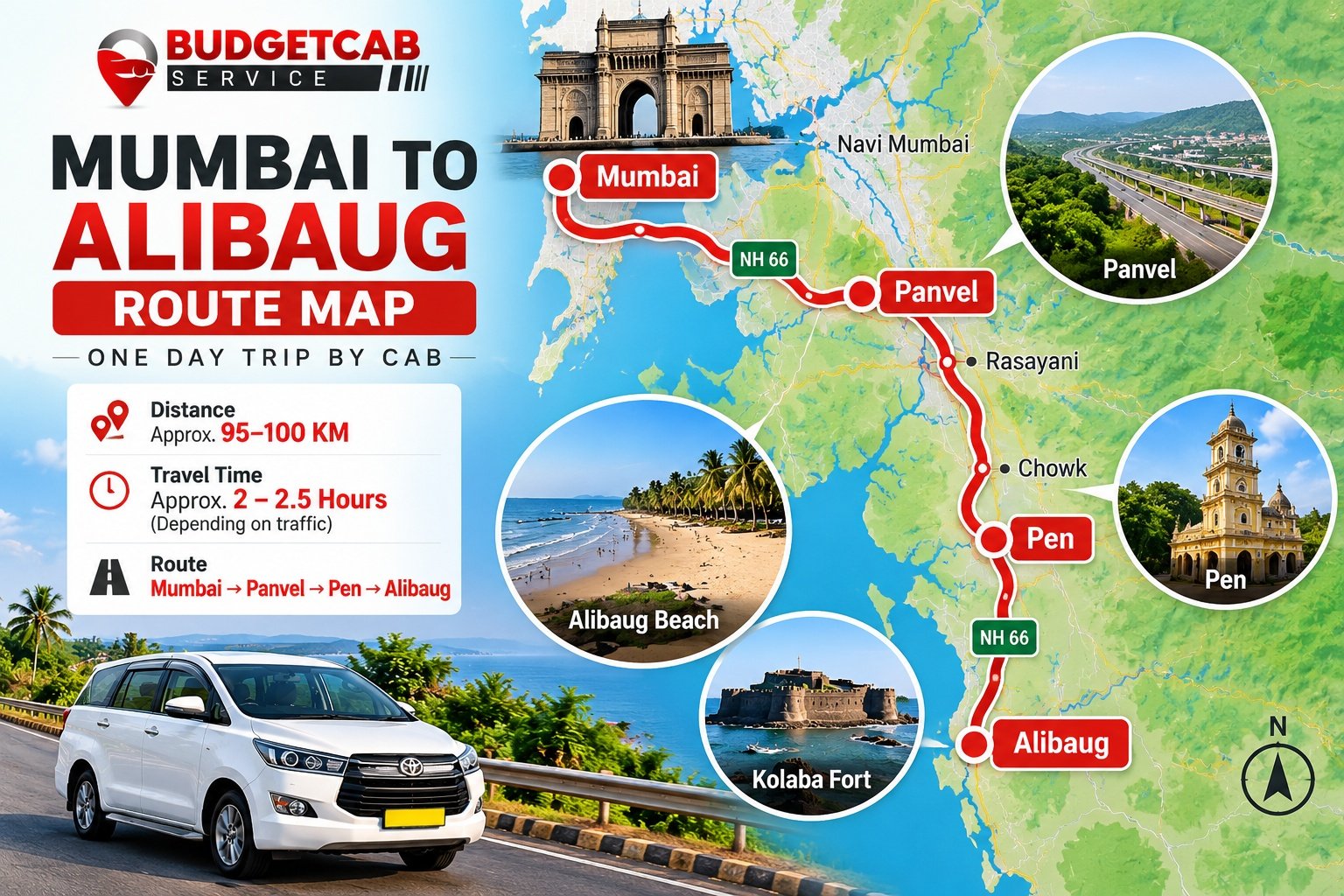 Mumbai to Alibaug route map for a one day cab trip via Panvel and Pen
