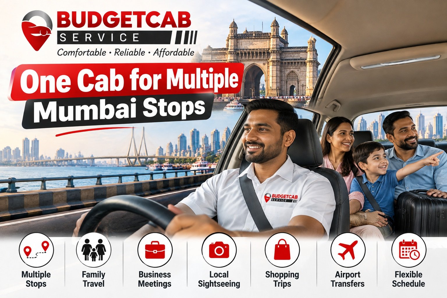 Family travelling in a Mumbai cab for multiple stops with Budget Cab Service