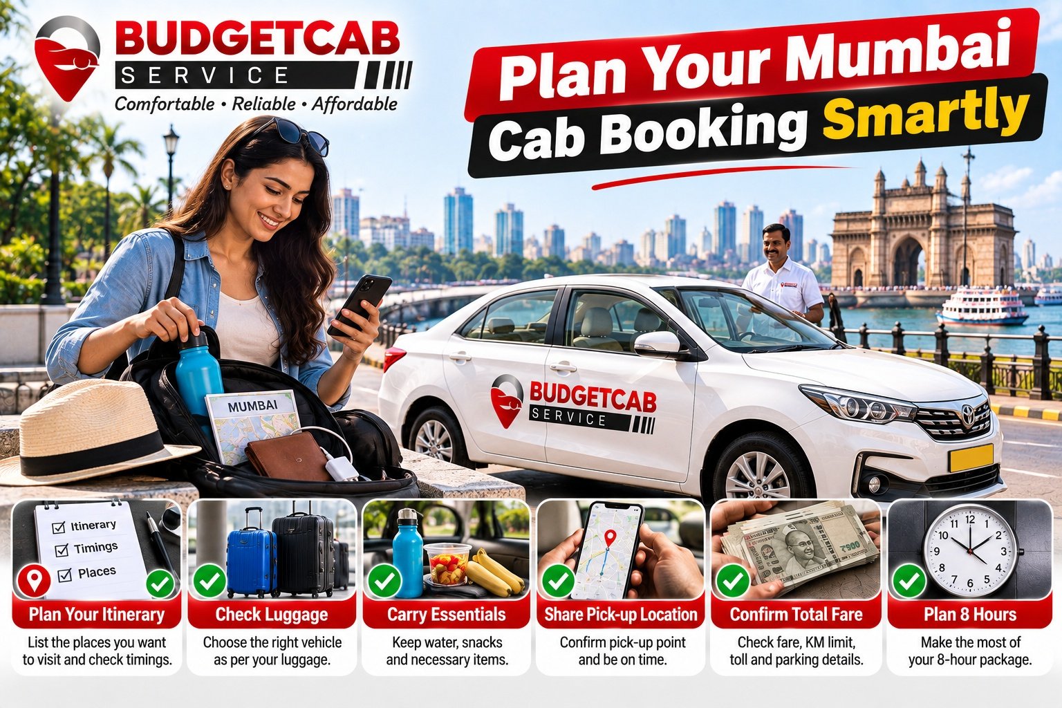 Traveller planning a Mumbai cab booking with itinerary, luggage, pickup location and fare details
